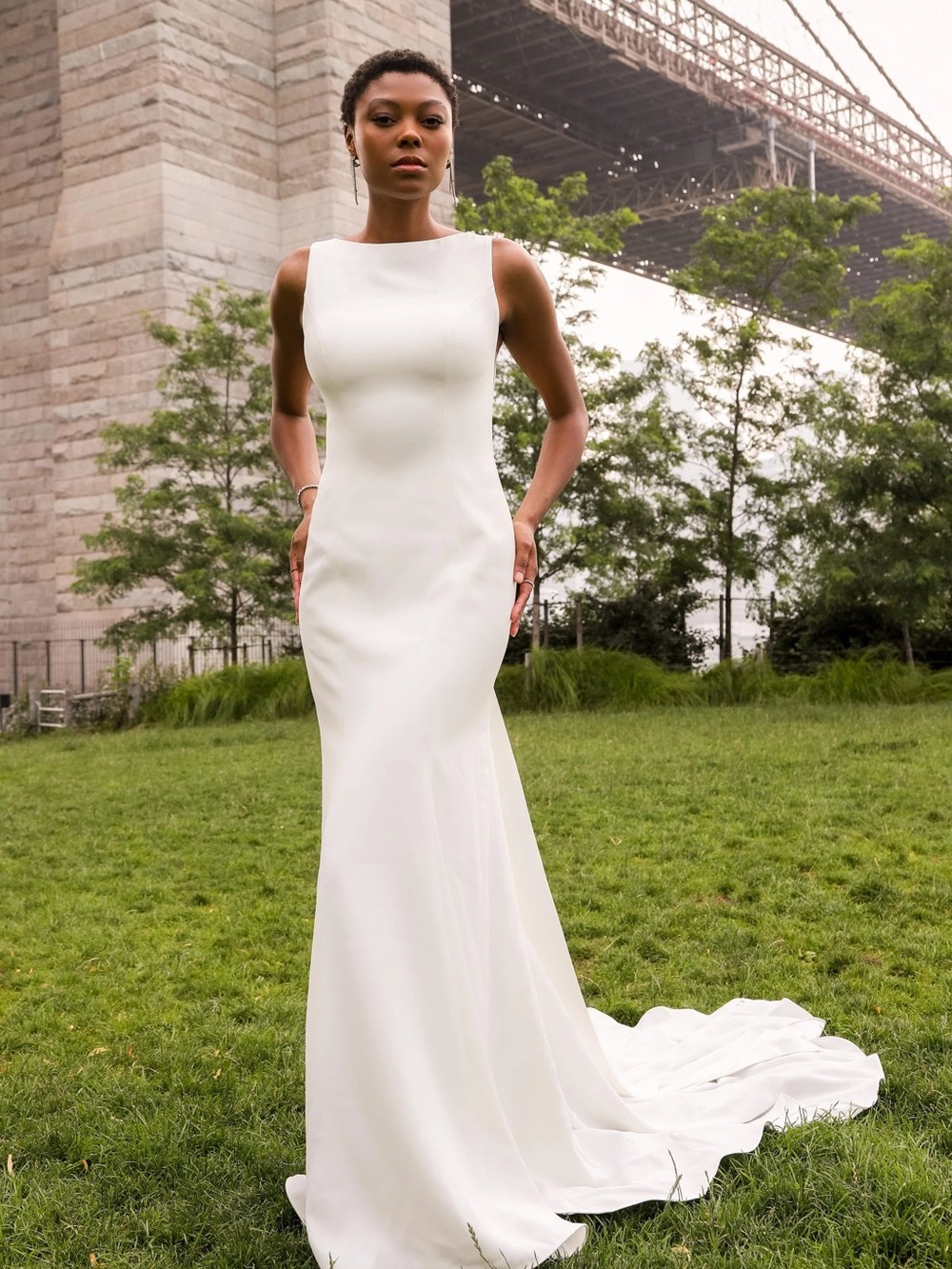 CHIC MODEST COLUMN WEDDING DRESS WITH LOW BACK DETAIL. D3901 - Picture 7 of 7